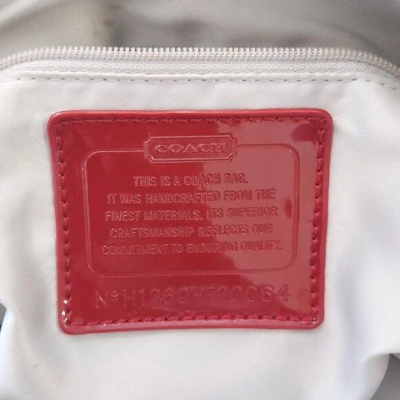 Auth COACH Daisy Poppy Signature Hobo F20064 Khaki Red Jacquard Patent Leather - Picture 9 of 12